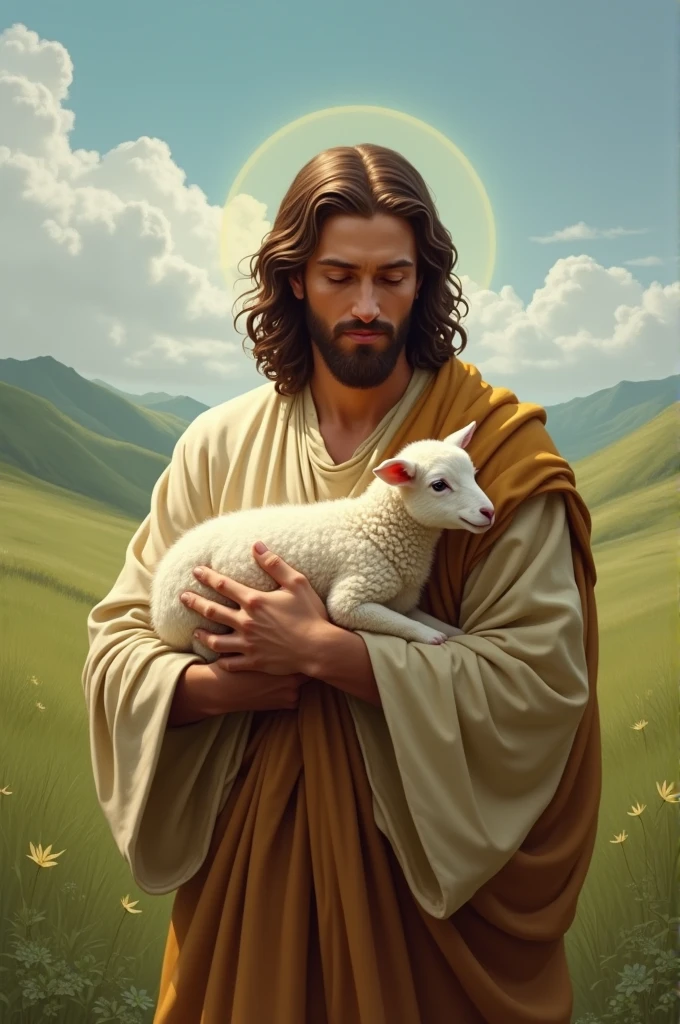 As Jesus carries a lamb in his arms