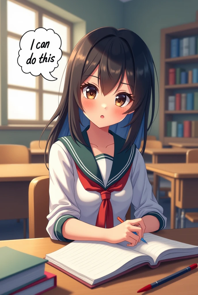 anime studious girl student, in a classroom, with books, pens, and with a callout saying “I can do this”, symbolizing she has faith in Him.