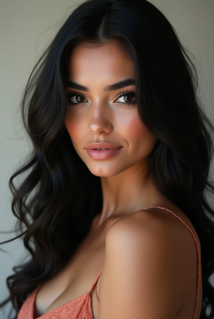 Woman with black wavy hair , of arabic beauty , large, expressive black eyes, long nose small mouth, Oval face, in photographic pose, salmon colored lips, black eyelashes, clear skin, short blouse with long skirt

