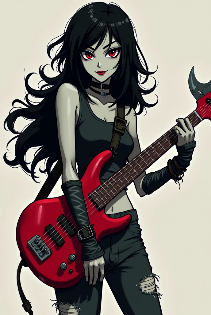 Create a visual representation of the character Marceline from "Hora de Aventura". She is a thousand-year-old vampire with a goth and rocker style. Apresenta cabelos longos, dark and messy, frequentemente amarrados em um rabo de cavalo alto. Her pale skin contrasts with dark, torn clothes, incluindo jaquetas de couro e camisetas de bandas. Asas de morcego podem se estender ou retrair. Ela sempre tem um olhar desafiador e um sorriso travesso. Don't forget the electric bass, sua marca registrada.