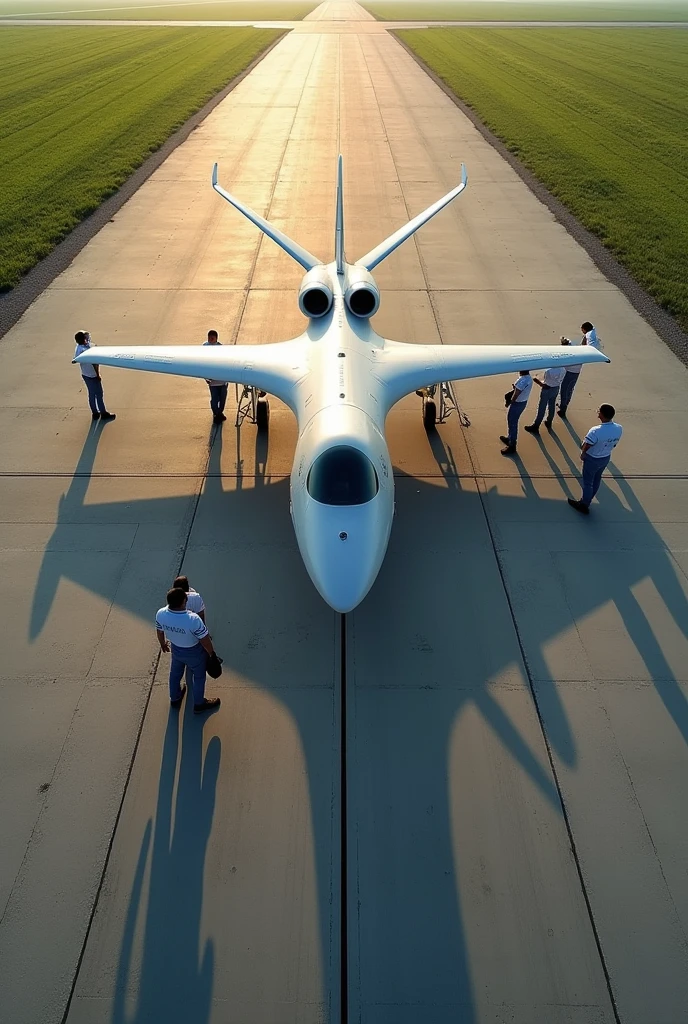 I want top view of shahpar 2 uav ready for flight on runway. Flight teat team is around. There are markings on runway. The shadow of shahpar 2 is sharply reflecting on runway. The runway is besides green field.
