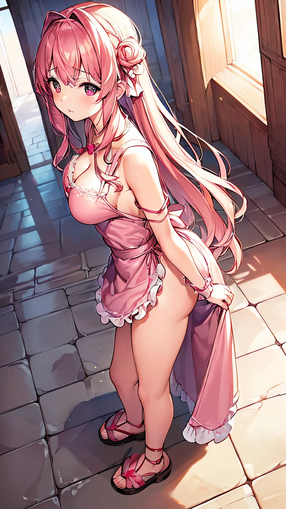 (4K、high resolution、Detailed light、Detailed Shadows、Detailed Design)、1 person、Pink Bronze Hair、Pink maid outfit、Double side slits、Big slit、(White apron)、Bigger breasts、((whole body、Are standing、Side view angle、Look down、Redness))、(sexual excitement)