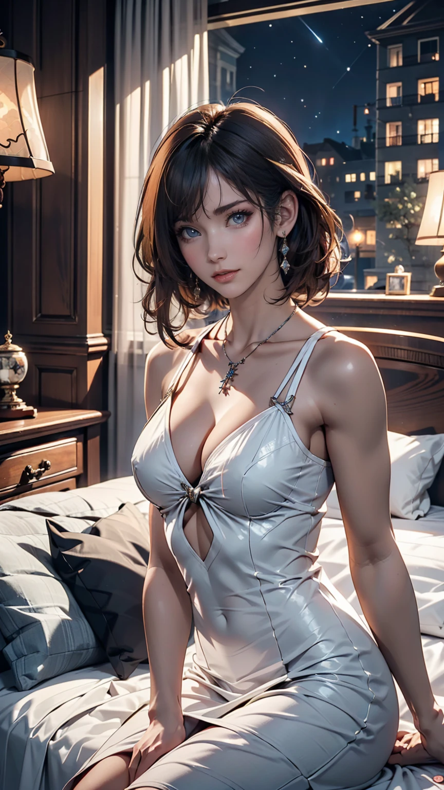 ((masainterpiece, besaint quality)),, saint. Louis (Luxury Wheels) (Azur Lane), High resolution, highesaint quallity, illusaintration, Cinematic Light, Super detailed, Detailed face, (Detailed eyes), besaint quality, Super detailed, masainterpiece, (Detailed face), large breasaints, hair ornaments, Earrings, necklace, Portraiture, Silver Dress, Revealing clothing,highesaint details, Glowing Eyes, (Hotel:1.2), Sitting in bed, Sitting, bed, window, Night Sky, Backlight, light, (high contrasaint), (colorful),