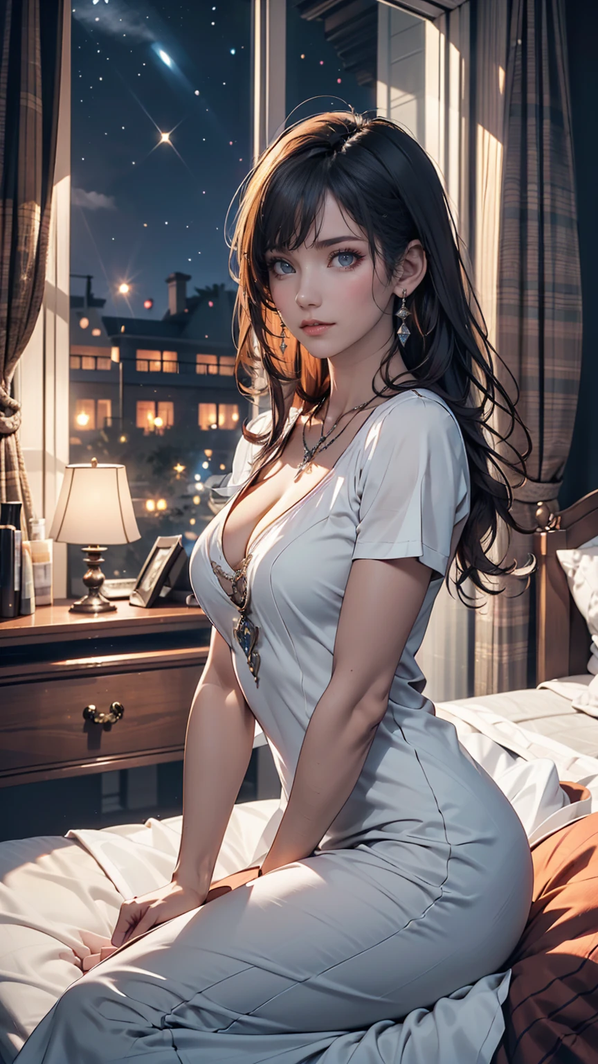 ((masainterpiece, besaint quality)),, saint. Louis (Luxury Wheels) (Azur Lane), High resolution, highesaint quallity, illusaintration, Cinematic Light, Super detailed, Detailed face, (Detailed eyes), besaint quality, Super detailed, masainterpiece, (Detailed face), large breasaints, hair ornaments, Earrings, necklace, Portraiture, Silver Dress, Revealing clothing,highesaint details, Glowing Eyes, (Hotel:1.2), Sitting in bed, Sitting, bed, window, Night Sky, Backlight, light, (high contrasaint), (colorful),