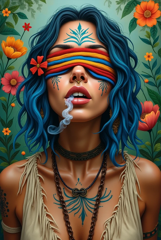 Portrait of a wild indigenous woman with tattoos on her face and colored blindfolds over her eyes  , ayant un anneaux dans le nez tel un piercing, mid length hair with blue locks wood hairstyle in the hair on the head, os dans une jungle tropicale peinture coloré avec des fleurs en fond 
Buste avec vêtement beige déchiré recrachant de la fumée par la bouche 


