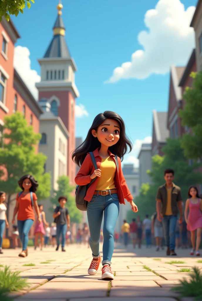 In 3d animation style "A bustling college campus with Sumana exploring her new environment."