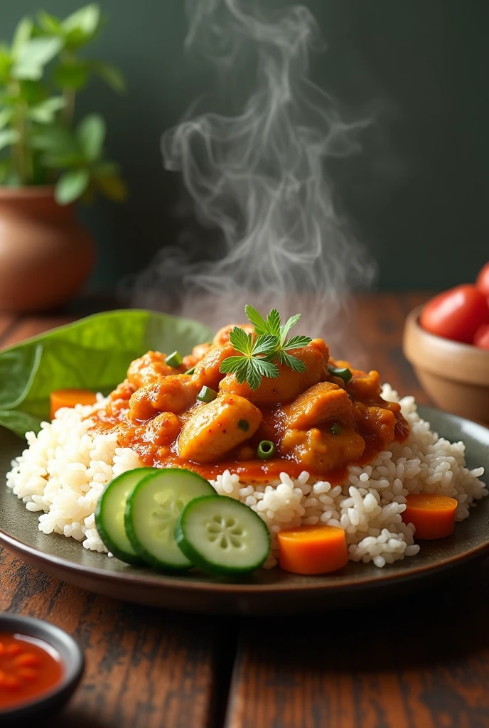Rice,chicken curry,cucumber,sambal