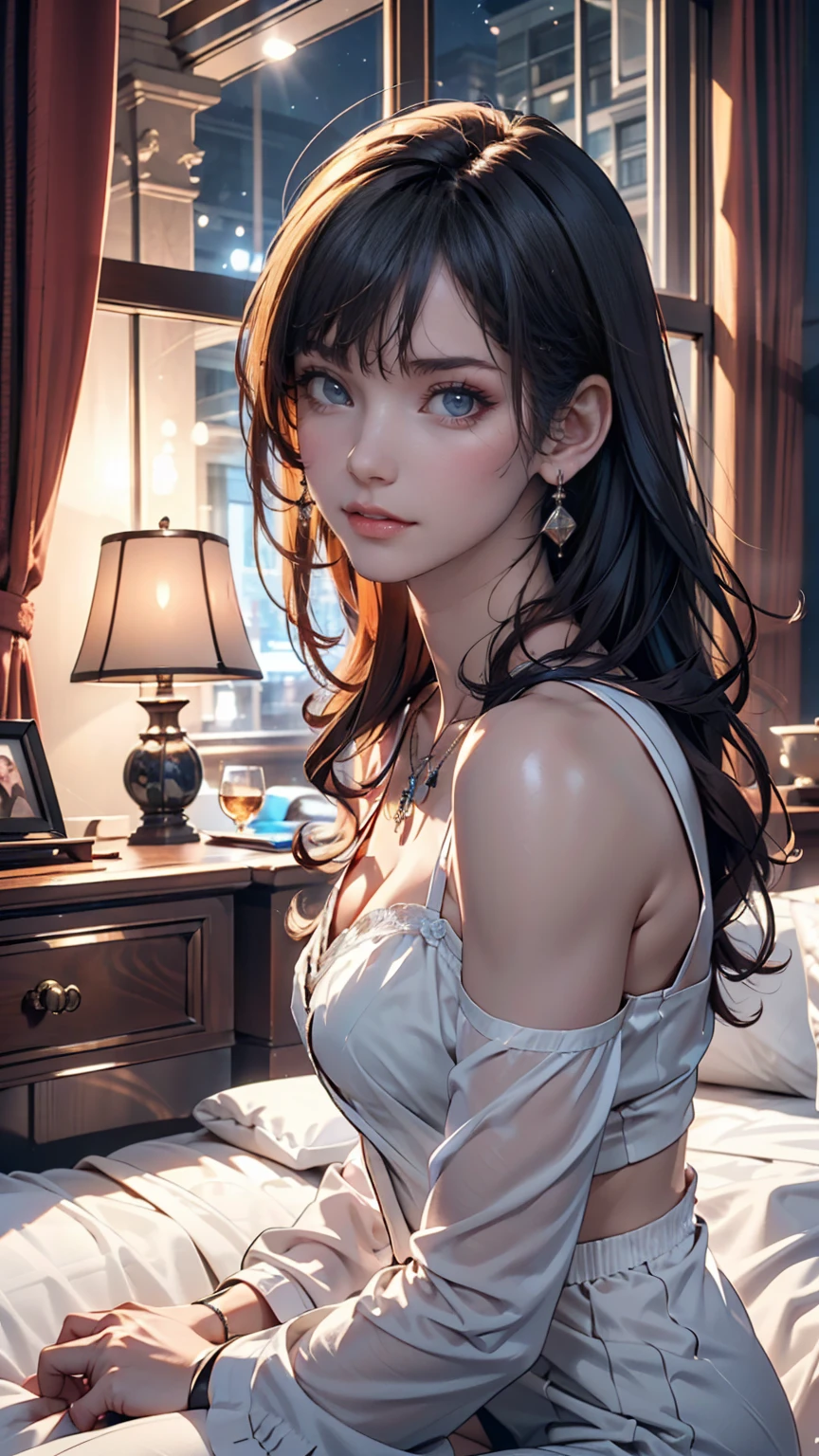 ((masainterpiece, besaint quality)),, saint. Louis (Luxury Wheels) (Azur Lane), High resolution, highesaint quallity, illusaintration, Cinematic Light, Super detailed, Detailed face, (Detailed eyes), besaint quality, Super detailed, masainterpiece, (Detailed face), large breasaints, hair ornaments, Earrings, necklace, Portraiture, Silver Dress, Revealing clothing,highesaint details, Glowing Eyes, (Hotel:1.2), Sitting in bed, Sitting, bed, window, Night Sky, Backlight, light, (high contrasaint), (colorful),