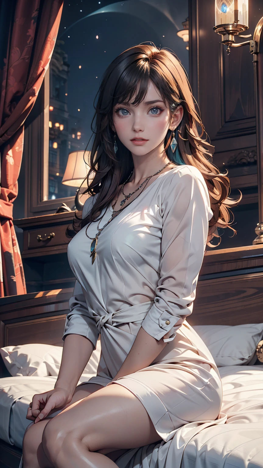((masainterpiece, besaint quality)),, saint. Louis (Luxury Wheels) (Azur Lane), High resolution, highesaint quallity, illusaintration, Cinematic Light, Super detailed, Detailed face, (Detailed eyes), besaint quality, Super detailed, masainterpiece, (Detailed face), large breasaints, hair ornaments, Earrings, necklace, Portraiture, Silver Dress, Revealing clothing,highesaint details, Glowing Eyes, (Hotel:1.2), Sitting in bed, Sitting, bed, window, Night Sky, Backlight, light, (high contrasaint), (colorful),