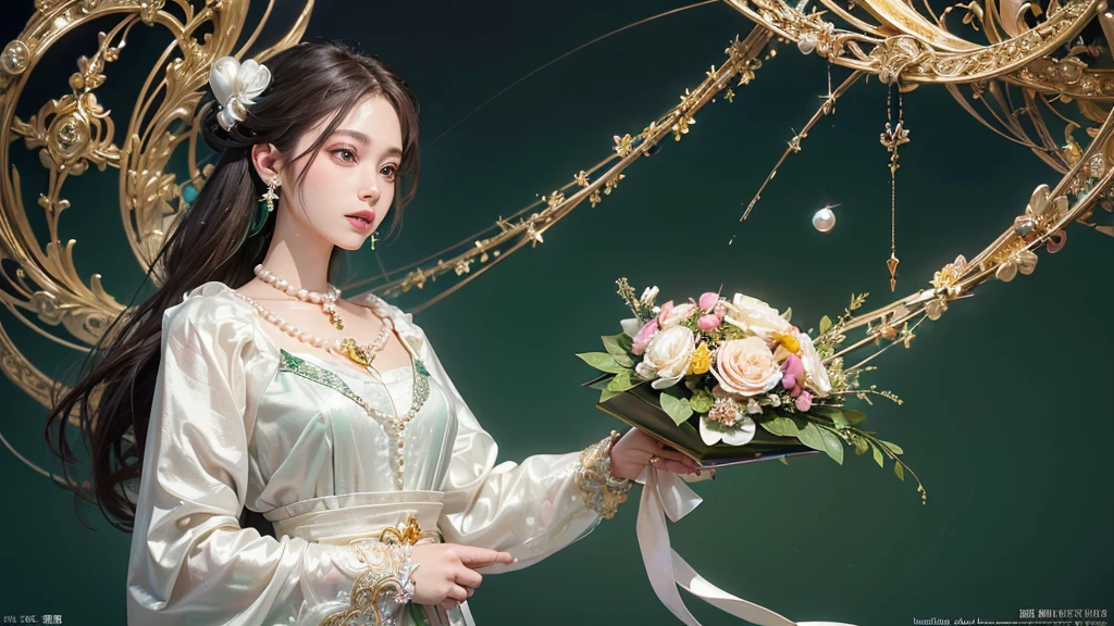 32K, 最高quality, 最高masterpiece, (ultra-Detailed Background, Detailed Background), High resolution, Super detailed, Very detailedな, 1 personの, (bouquet:1.3), (Tangled:1.2), (Geometric:1.2),(colorful),(masterpiece, quality, best quality, Official Art, Beautiful and beautiful:1.2), (1 person:1.3), Very detailed,(colorful:1.1)(Flowers:1.3),Most detailed,(Tangled:1.2), whole body, (Abstract background:1.3), (Skin glows), (Many colors:1.4), ,(Earrings Pearl:1.5), Emerald green pale background, It's imaginative., Brunette Hair, Updo, Holding a book, Holding a pen, Satin shirt