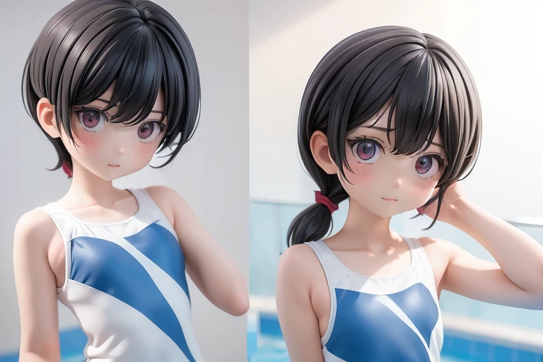 Swimming in a swimsuit、Girl、Girl、Primary school students、slender、Slender、Black Hair、Hairstyle slicked back、Sweep your hair back、The forehead is visible、Forehead、whole body、Standing pose