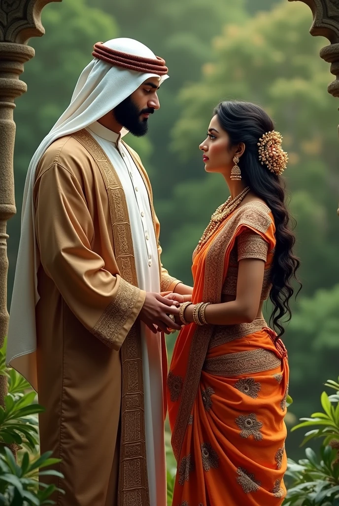 A kerala beautiful hindu girl in traditional saree standing with a tall arab muslim men