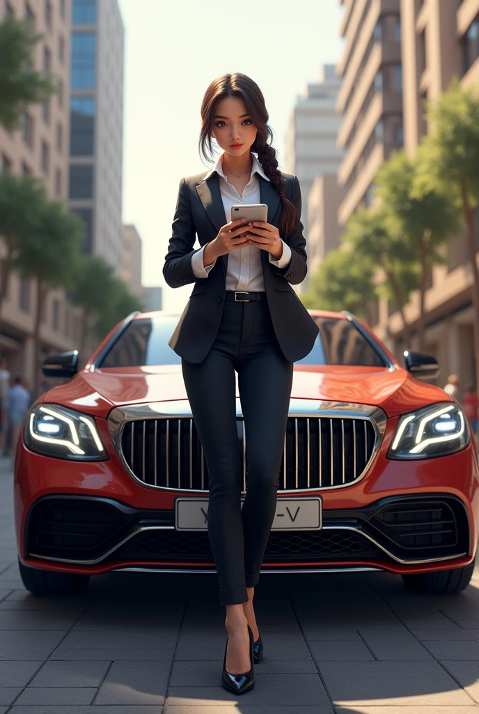 A trader girl with I pan that doing trading in front of his big luxurious car