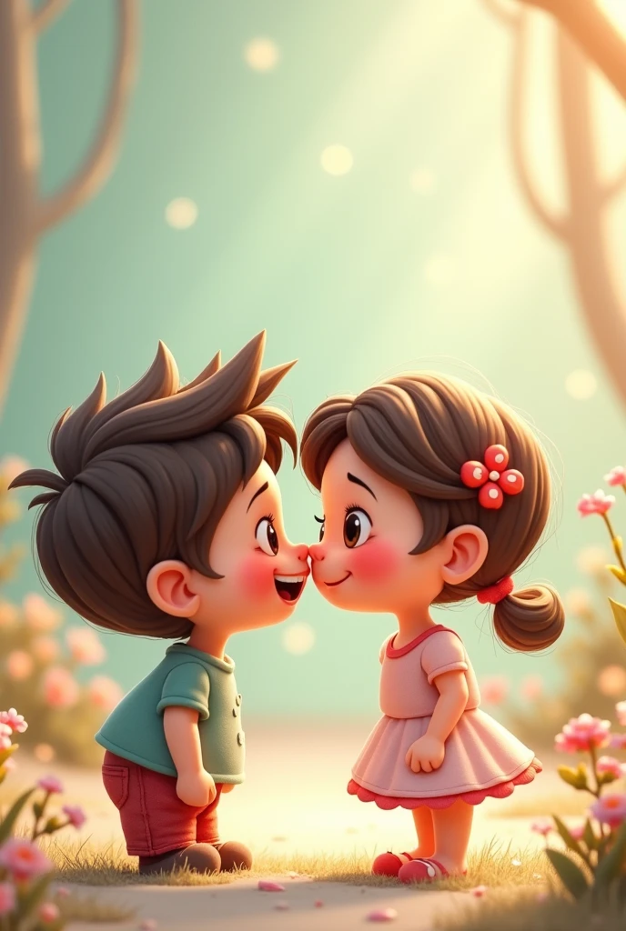 A man wearing a black sweater with an orange letter K and white sneakers. A woman wearing an orange shirt with the letter W. It's a beautiful, cool 4K cartoon image of Thailand. They're posing to show their love.