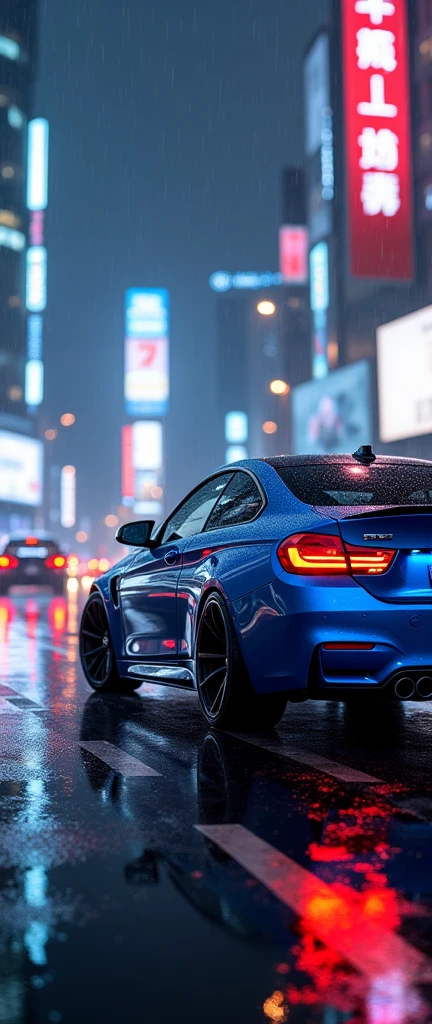 bmw m4 coupe blue colour on the sanghai road at night and rain with