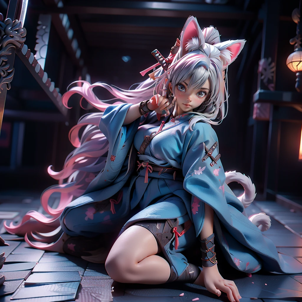 Samurai Girl, Moisturized Skin, (blue eyes), Realistic body, The chest is open, (Adult female body), Energetic, 3DCG, front, Pink lipstick, (Silver Hair), ((Cat ear)), Beautiful Hair, Long Hair, ponytail, (((Samurai Armor: 1.3))), ((masterpiece + Highest quality + High resolution + Very detailedな)), (whole body: 1.2), Raise your right knee, A fine Japanese sword on his waist, Perfect fingers, Perfect limbs, Depiction from above, Anatomically correct, Textured skin, Very detailed,