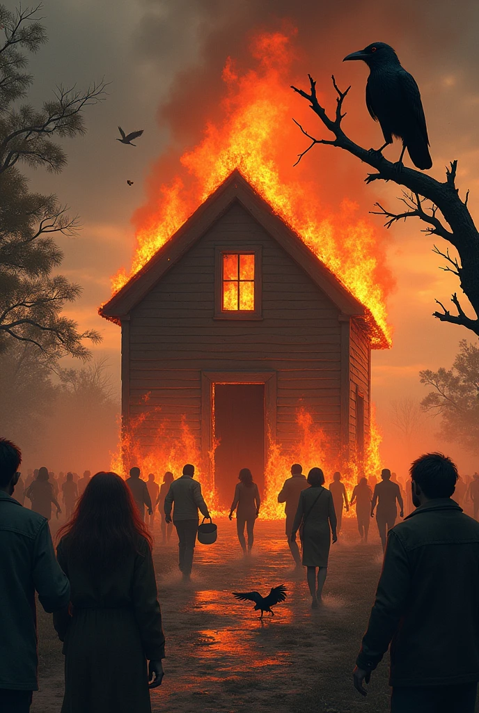 A house burning and many people see that. Some men and women trying to stop burning house with backet and a tiny bird tying to stop burning house . A crow sit on tree 's branch and see that.
