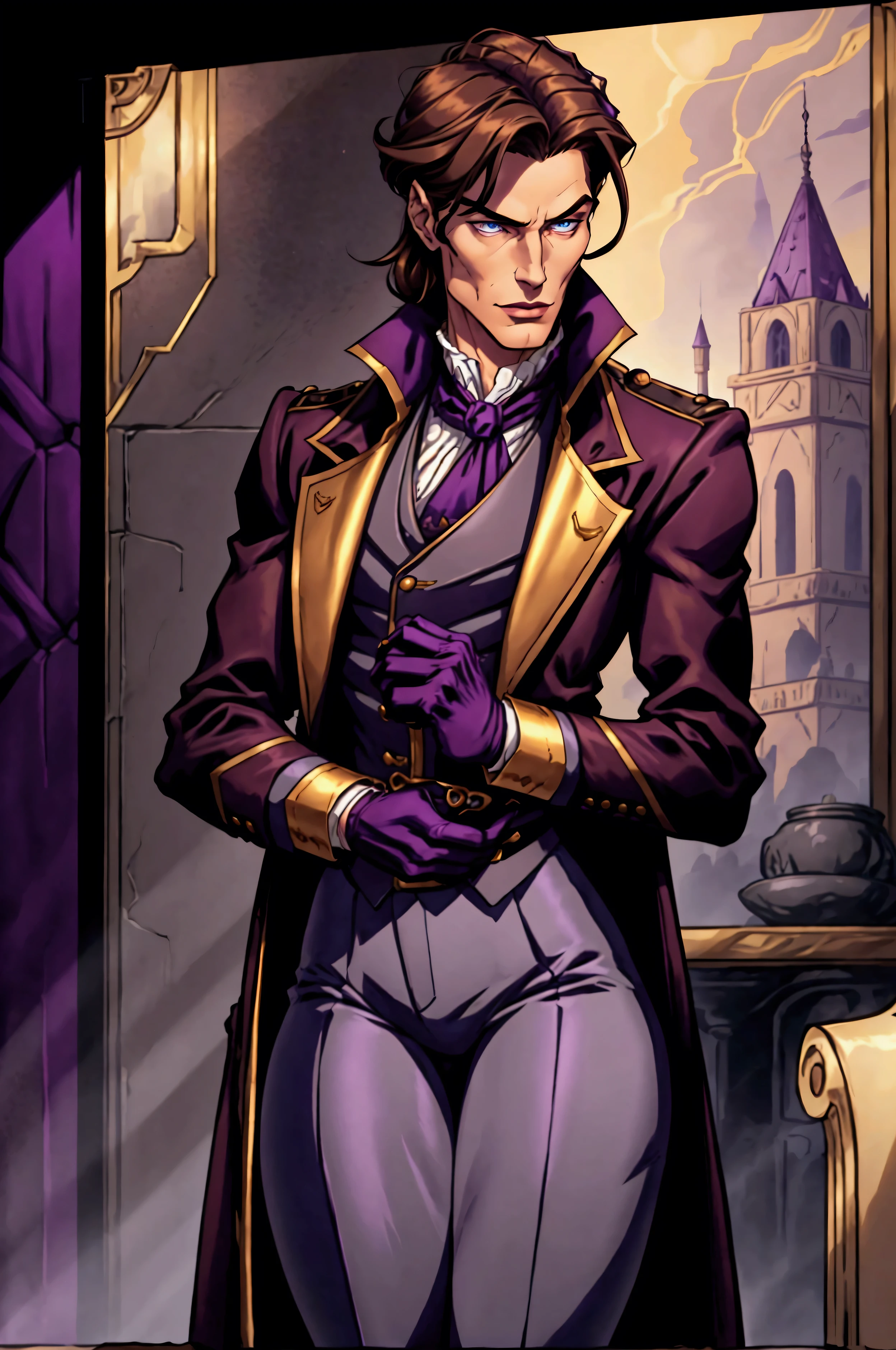 Pale and tall man, Appears to be 30-3.long light brown hair with golden highlights, Thin gray-blue eyes with dark purple eyeshadow and noticeably high cheekbones. His clothes are in Victorian style, old, Long dark burgundy jacket with lavender lining and gold pins on the folded cuffs. Under his jacket he has a purple vest over a white ruffled shirt, Wearing classic purple trousers, In dark blue knee-high boots and gloves of the same color.

