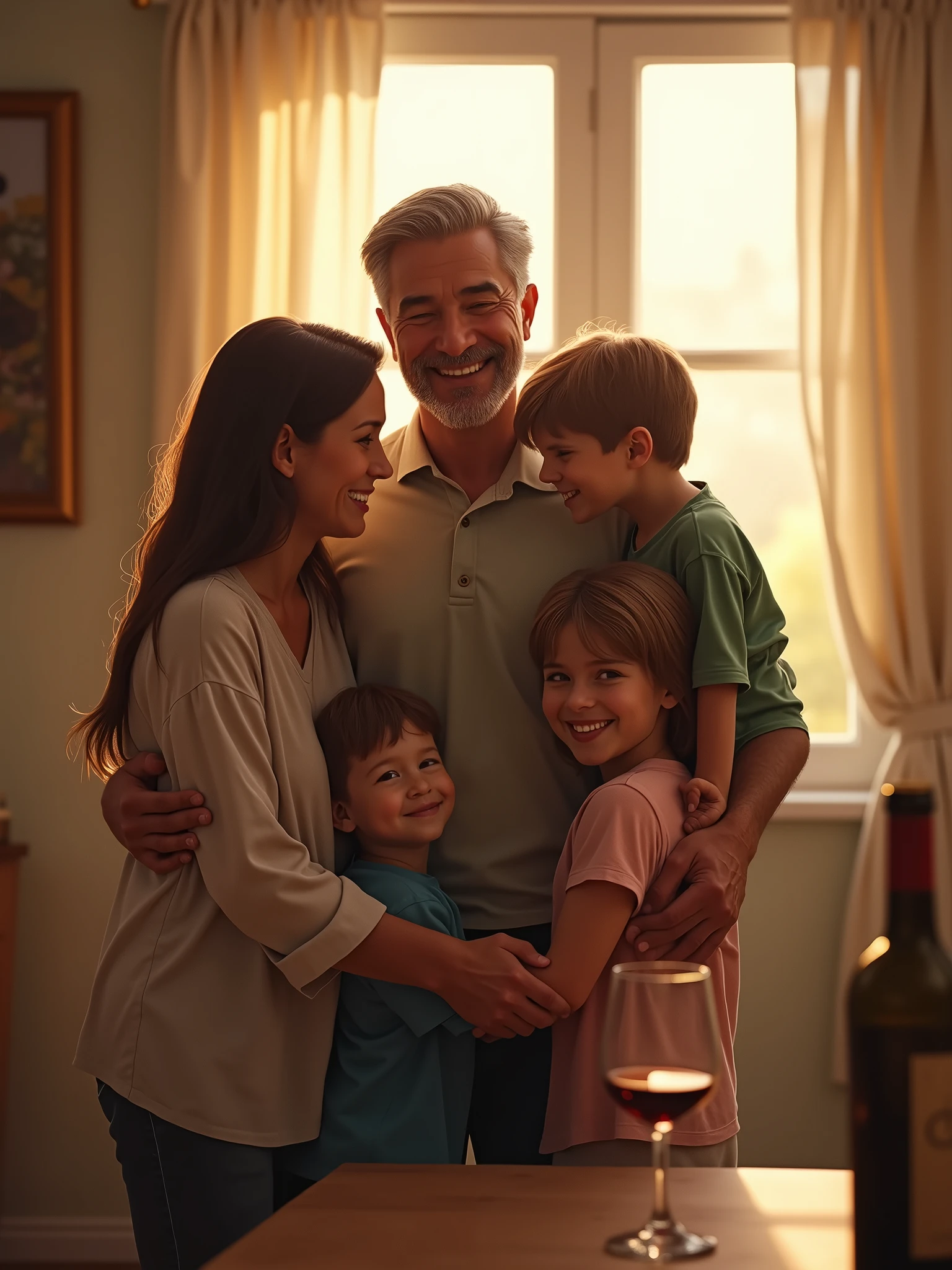 Here is the revised translation with a focus on human elements:
*A man in his forties, Marc, stands in a warm and inviting home. He is smiling, surrounded by his wife and their three children. The scene is bathed in natural sunlight pouring through the windows. On a nearby table, there's a bottle of wine and a half-filled glass, quietly hinting at the beginning of his struggle.*