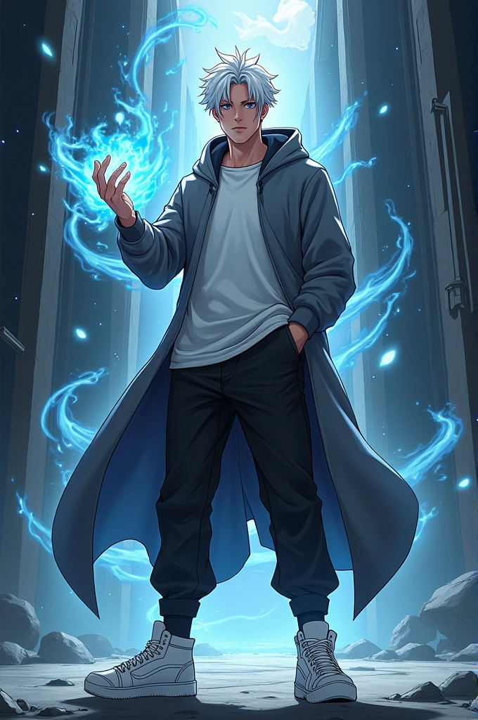 Anime handsome boy grey hoodie black pant white sneakers white hair sorcerer of shadow