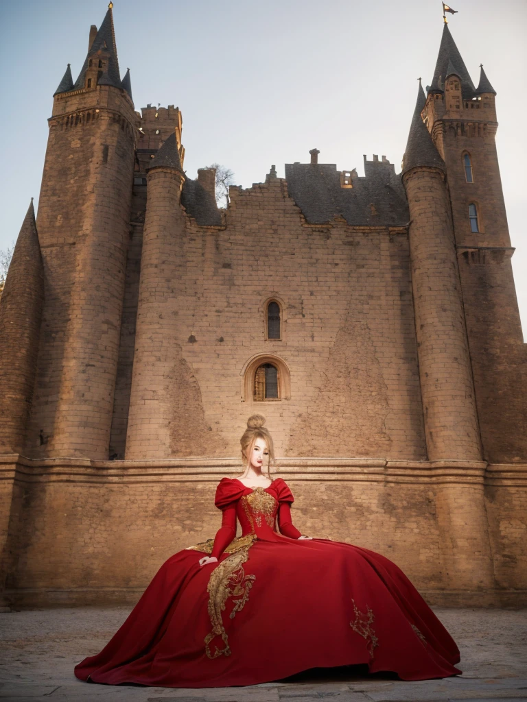  8k,highest quality, masterpiece, Ultra-high resolution,(masterpiece:1.6, highest quality), Intricate details,   1girl,princess, solo,fullbody shot,blonde hair, huge hairbun,tower hairbun,very big hair Bun ,red gown,,castle background 