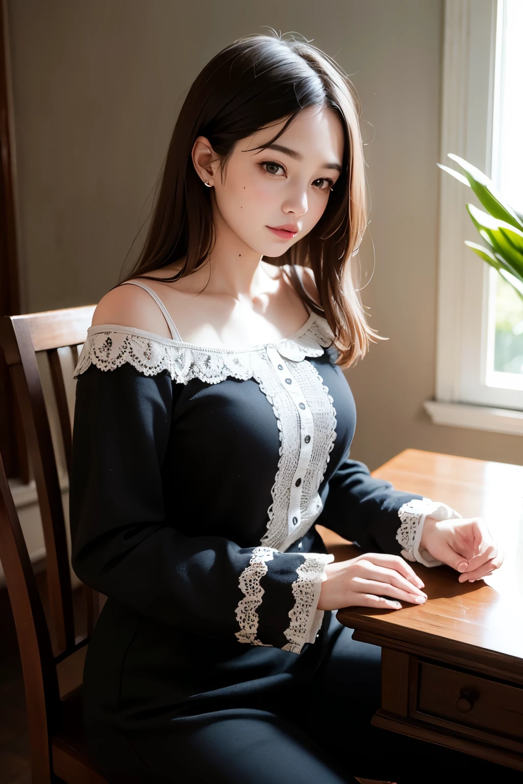 (masterpiece, Highest quality),one person's, alone, Black-haired, scarf, Have, Realistic, Realistic, Looking at the audience, Light-coloured black eyes, Short brunette bob, Brown coat, Winter clothes, White headscarf, lips, prohibit, Plein Air, Mouth closed, Upper Body、Big eyes、eyelash、((Beautiful scenery of sparkling snow))、(((Short bob hair with bangs、Shiny Hair、Big eyes、large full chest、Highlights the eyes、Gazing at the audience、Beautiful beauty、Listen carefully、Long neck、Laugh a little、Please close your mouth and laugh、Ideal body type)))、{Huge|big|Hugeな|Mega} chest:2, chestの谷間:2