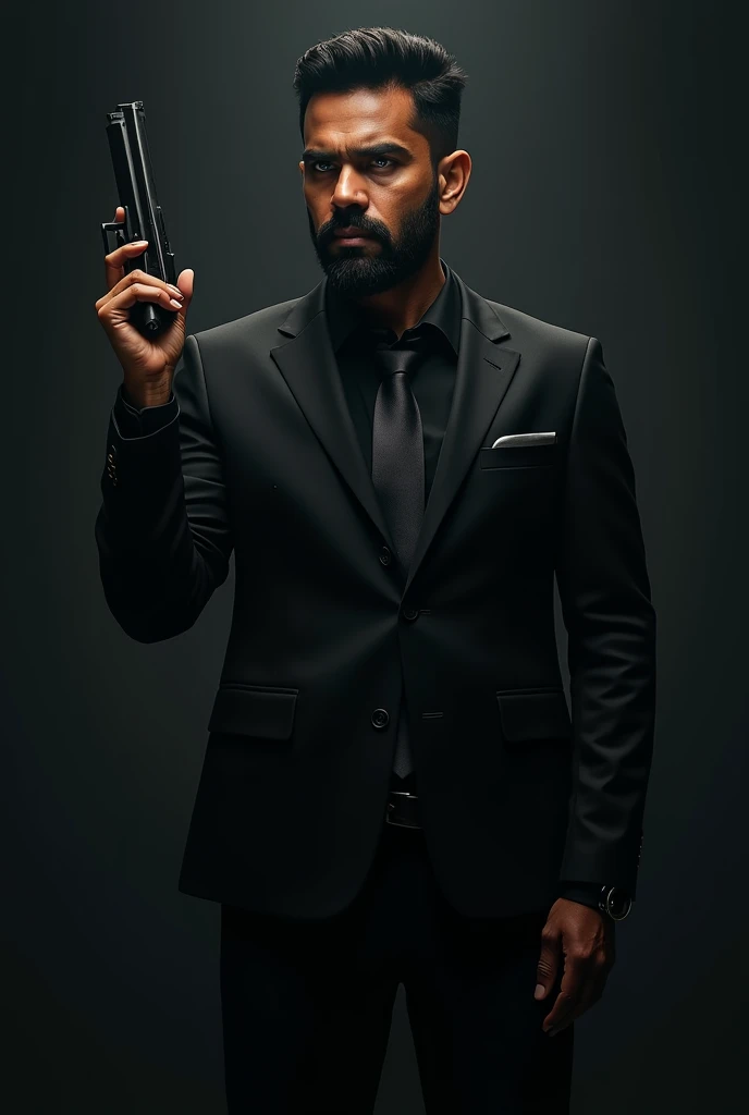 Rohit Sharma holding gun in Balck suit