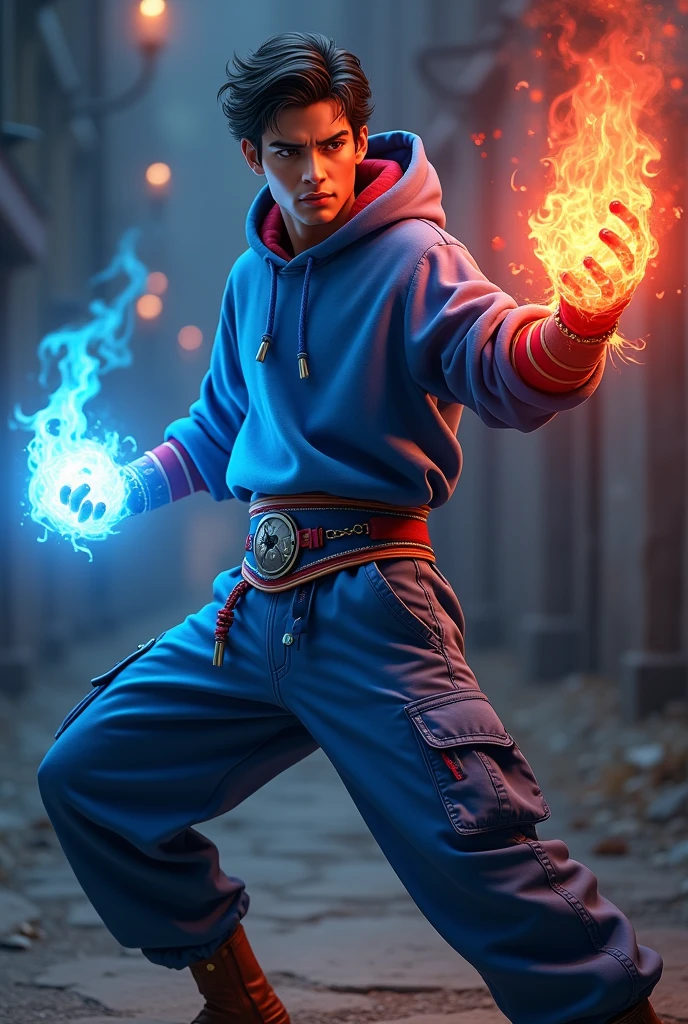 Boy age 20, latin, brown eyes, deep and cute eyes, royal blue hoodie, the hoodie hood is red into, royal blue cargo pants, only right demon arm, only right arm on red flames, only left arm blue flames, japanese style, belt with a blue and red ying yang, chains around the belt, athletic, magic powers, action, cunning look, leather brown boots with metal pins, black cat nails, kung fu pose, black hair, night background