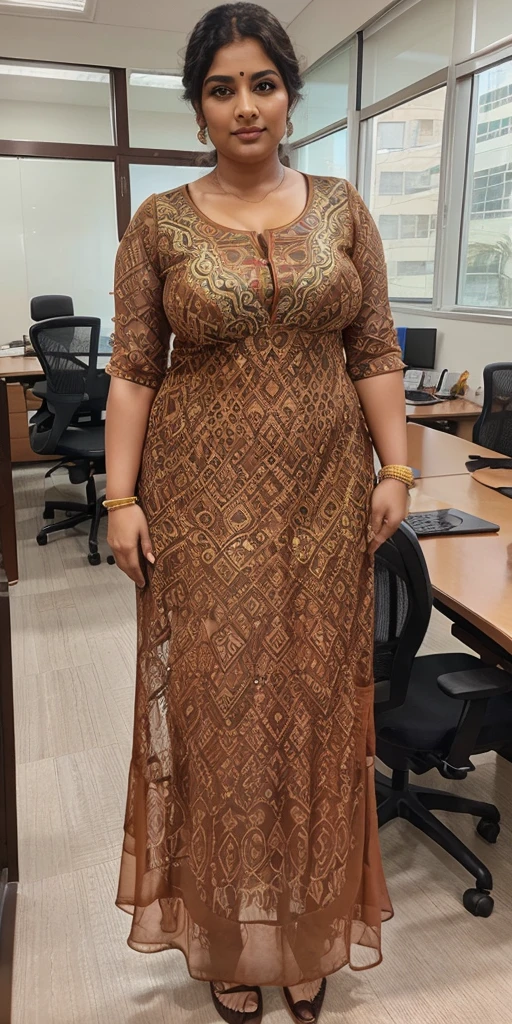 Day scene, A radiant, full-figured South Indian 3 aunty a light yellow colour chiffon fully transparent kurta, bra visible through kurta, ,standing, in a office captured in a full-body image with vibrant hues and meticulous details. Full body image