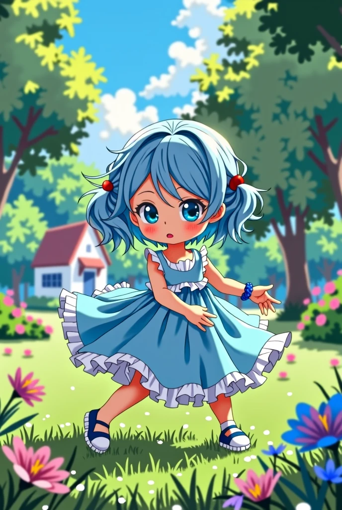 anime girl looks like she&#39;s , Her name is Marianita, with blue dress, and a blue bracelet, Now he is playing in a park behind a white house
