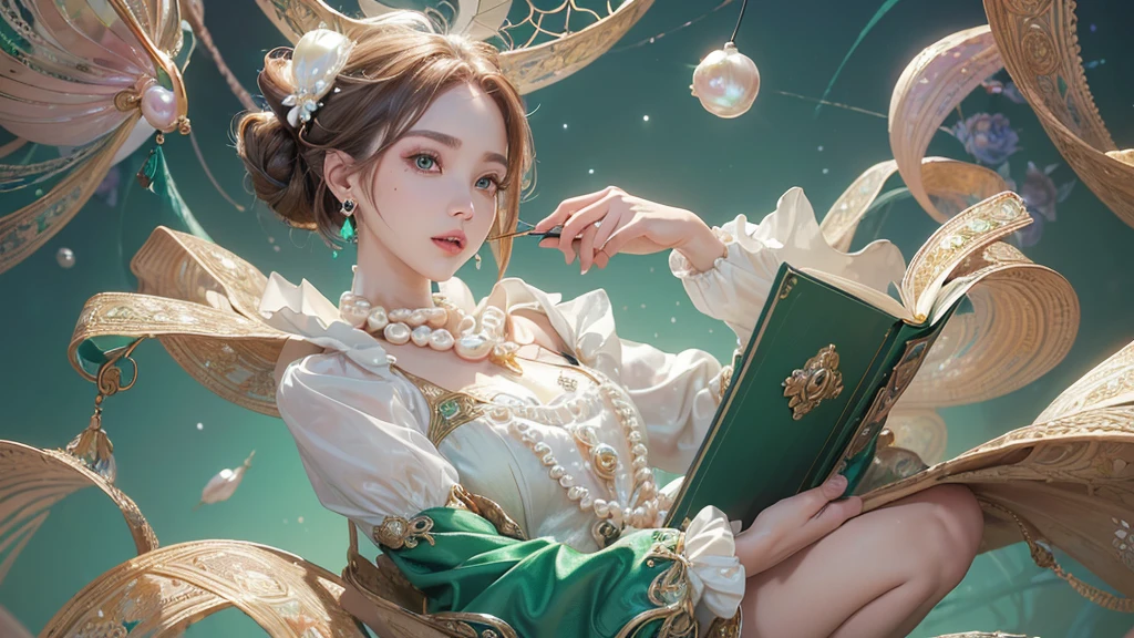 32K, 最高quality, 最高masterpiece, (ultra-Detailed Background, Detailed Background), High resolution, Super detailed, Very detailedな, 1 personの, (bouquet:1.3), (Tangled:1.2), (Geometric:1.2),(colorful),(masterpiece, quality, best quality, Official Art, Beautiful and beautiful:1.2), (1 person:1.3), Very detailed,(colorful:1.1)(Flowers:1.3),Most detailed,(Tangled:1.2), whole body, (Abstract background:1.3), (Skin glows), (Many colors:1.4), ,(Earrings Pearl:1.5), Emerald green pale background, It's imaginative., Brunette Hair, Updo, Holding a book, Holding a pen, Satin shirt