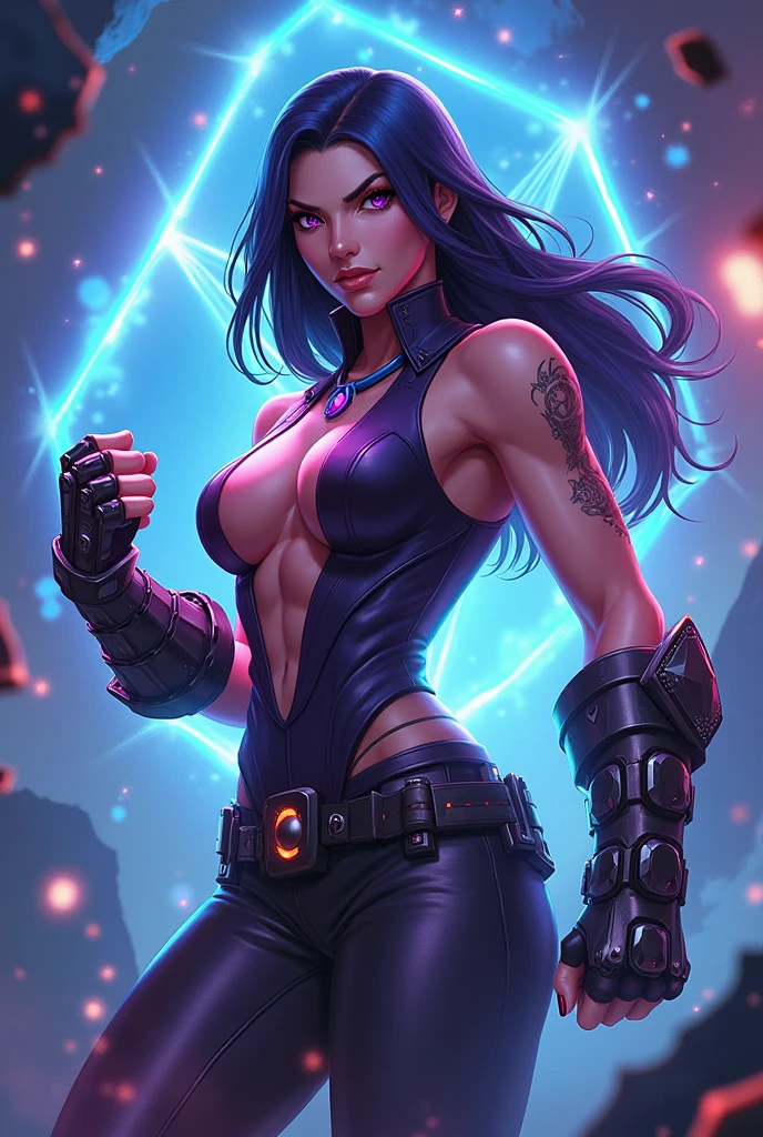Create a highly detailed image of Psylocke from Marvel Comics, featuring her toned, bodybuilding body. She is wearing a black swimsuit and has a long purple sash tied around her waist. Its arms and legs have black bands. The scene should portray her in a dynamic pose, showing off her muscular, athletic physique. The background should be subtle but suggest a futuristic or mystical setting, ensuring the focus remains on Psylocke. Use vibrant colors and sharp details to reflect the Marvel Comics style.