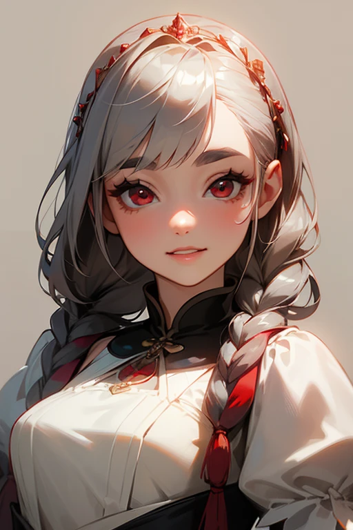 (Highest quality, masterpiece:1.2), High resolution, 最高masterpiece、Very detailed, Realistic:1.37, Fantasy, An illustration,Gray Hair、 Red eyes、Queen, White Dress、beautifully、Eyeshadow Red、Thick eyebrows、Long eyelashes、pupils are black、shiny on the lips、Top Sites、Queen、Princess、A kind smile、Show your teeth a little and smile、Soft impression、people々々々々々々々々Loved by、Slimming the face、Shoulder Bare、Sexy braids、Kissing Face、Short Bob、Shaggy Bangs、Save face image、Background Palace、