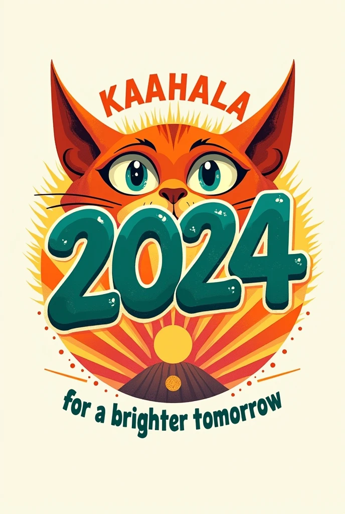 The image features a stylized wordmark that reads "KAMALA." The letters are uniquely designed to resemble the faces of cats, with the two points on top of each letter forming cat ears. Each letter has two small circles near the center, representing eyes, and small extensions at the bottom, giving The image features a retro, psychedelic-style poster with the name "KAMALA HARRIS" prominently displayed at the top. The text "KAMALA" is written in bold, orange letters, while "HARRIS" is in a thick, green-blue font, both with a groovy, wavy design reminiscent of the 1960s and 1970s. Below the name, there is an abstract, colorful sunburst design, with orange and yellow rays extending outward. In the center of the sunburst, the year "2024" is written in red text within an orange circle. At the bottom, the phrase "FOR A BRIGHTER TOMORROW" is displayed in green text. The entire poster has a warm, vibrant color palette and conveys a message of optimism and progress. white background