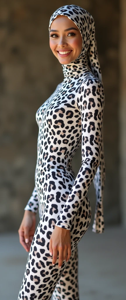 The beautiful and slender thin asian muslumah adult girl with beautiful cheeks wears white leopard print lycra turtleneck unitard catsuit covered with spots and white leopard print lycra elastane stretchy dancewear 100% stretchy hijab covered with spots.She is happy.She always put leopard spots animal face beauty performance makeup.