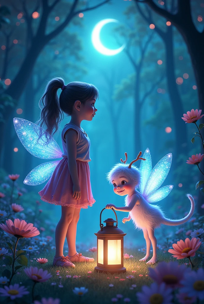 Ellie and the Moon Pixie are in a vibrant, magical glade where a special flower with moon-like petals is glowing softly. The lantern is open, with beams of moonlight escaping and returning to the sky. Ellie and the Pixie look triumphant as the moon’s light begins to fill the scene.