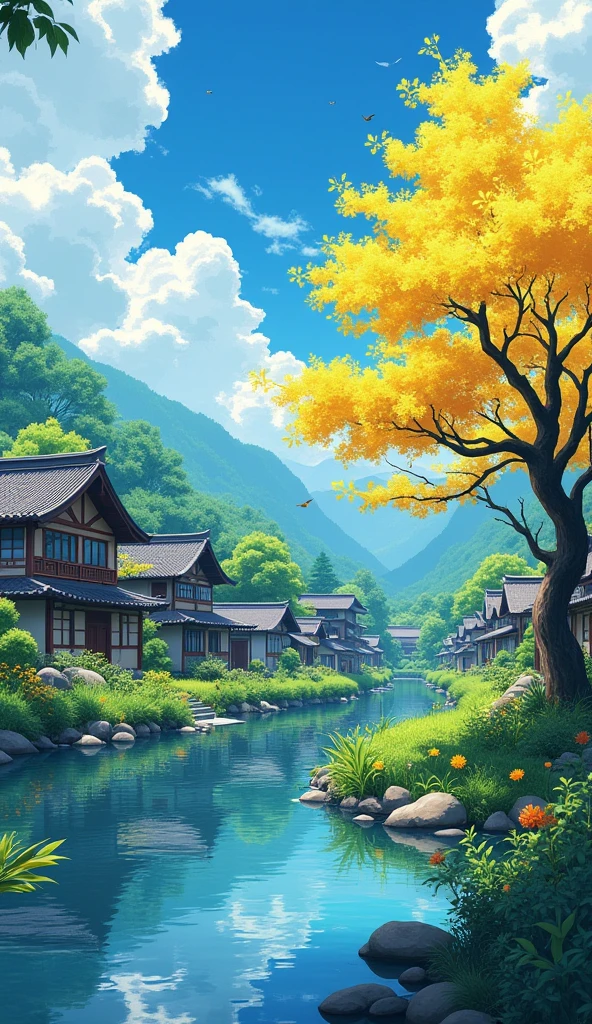 ((traditional japan houses near river with a big yellow flower tree: 1.3)) , ((camera facing the front of the houses:1.2)), ((next to a river: 1.2)), detailed anime artwork, urban, japan anime scene, ((bright blue sky: 1.0)), extra detailed, very detailed, japanese village , plants, birds, anime style, anime, lofi, lofi vibe, ((best quality:1.5)), ((masterpiece:1.5)), ((highly detailed:1.3)), ((anime aesthetic:1.2)), ((no one: 1.2)), ((no people: 1.2))
