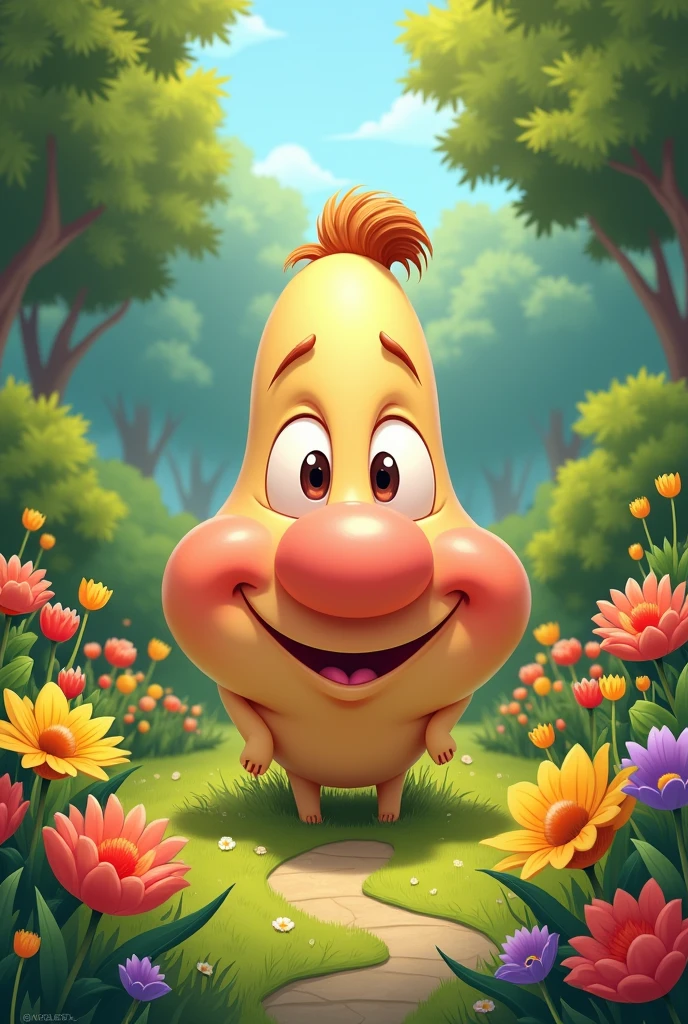 Draw a nose but with eyes that is happy in a park with flowers 