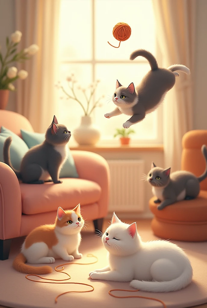 Cats are quiet, soft, and sweet,
They purr and curl up at your feet.
They chase the yarn, they jump so high,
Watch them leap and touch the sky.