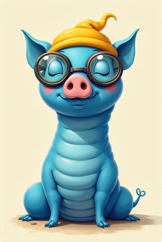 Drawing of a blue earthworm, with a pig's nose, un bonnet de bain et des lunettes de bain