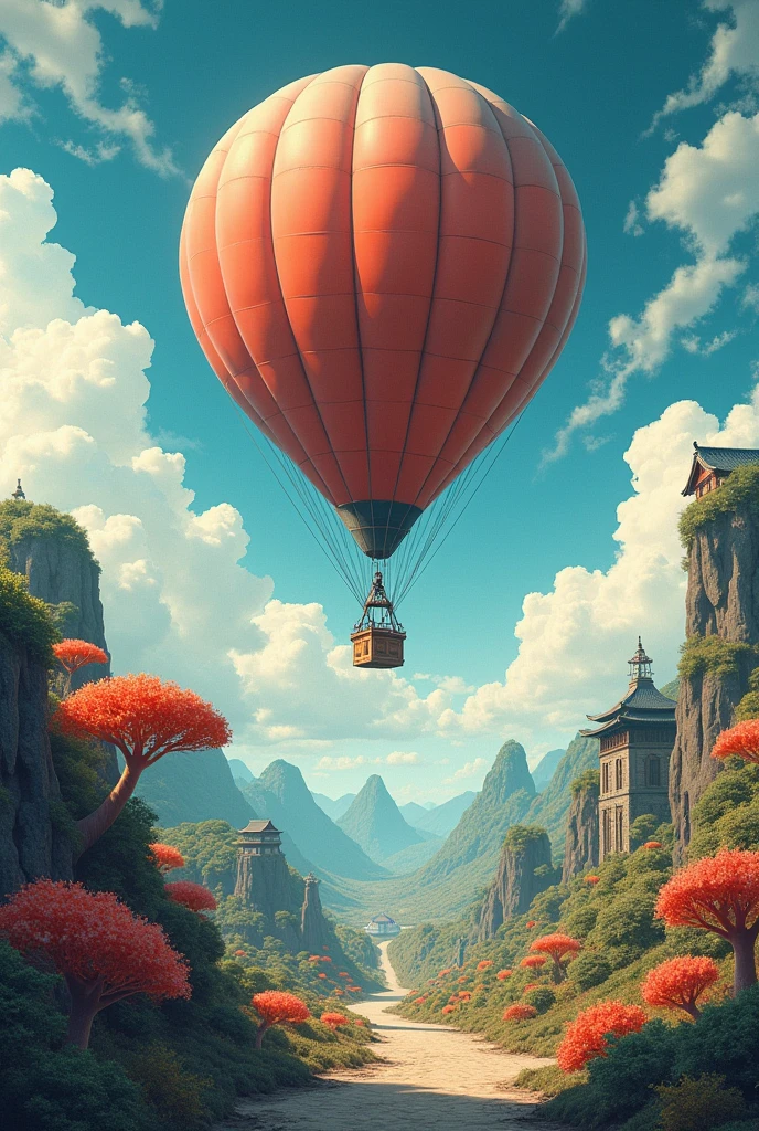 Fantastic landscape, The city of Kyoto, Hot air balloon with many ropes connected to the ground, (Uneven terrain:1.6), (Multicolored fungal house restored: 1.2), (Fluffy bushes: 1.1), Discharge, Cumulonimbus, Cirrus, Thick silhouette, Pointed silhouette, Extreme Detail, 8k, Ultra-high resolution, Film Grain, Colorful painting