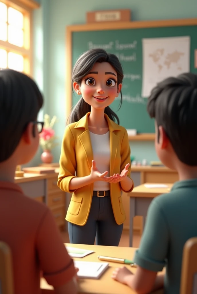 In 3d animation style "Sumana in a classroom as a teacher, engaged with her students and teaching."