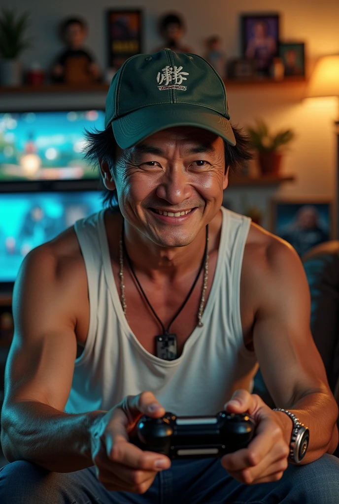 Create Jackie Chan playing video games with a tank top and cap