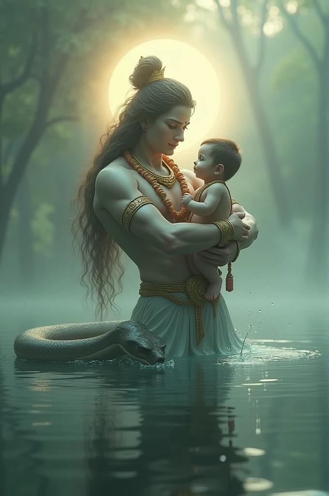 Vashidev is carrying Krishna in the middle of the water, the serpent is protecting Krishna.