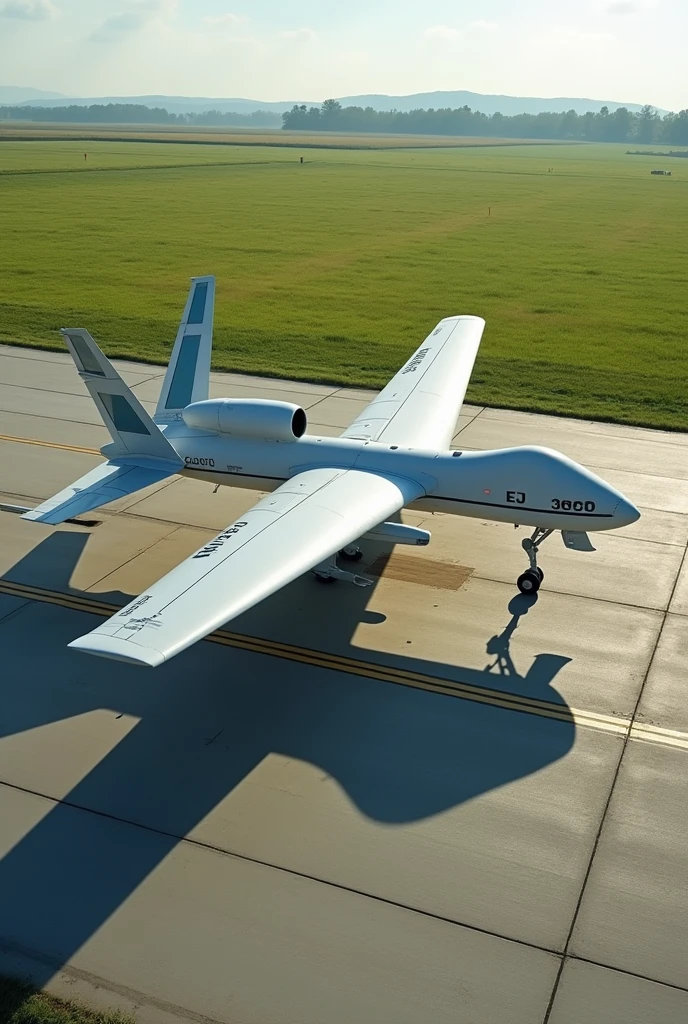 I want left side wing view of shahpar 2 uav ready for flight on runway. Flight teat team is around. There are markings on runway. The shadow of shahpar 2 is sharply reflecting on runway. The runway is besides green field.