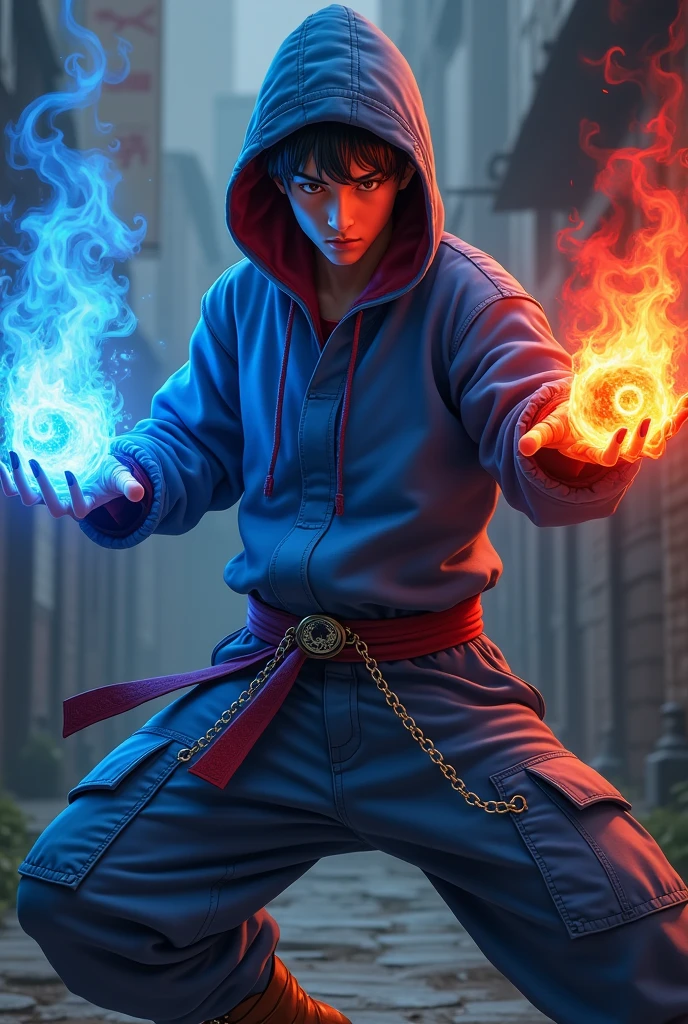 Boy age 20, latin, brown eyes, deep and cute eyes, royal blue hoodie, the hoodie hood is red into, royal blue cargo pants, only right demon arm, only right arm on red flames, only left arm blue flames, japanese style, belt with a blue and red ying yang, chains around the belt, athletic, magic powers, action, cunning look, leather brown boots with metal pins, black cat nails, kung fu pose, black hair, night background