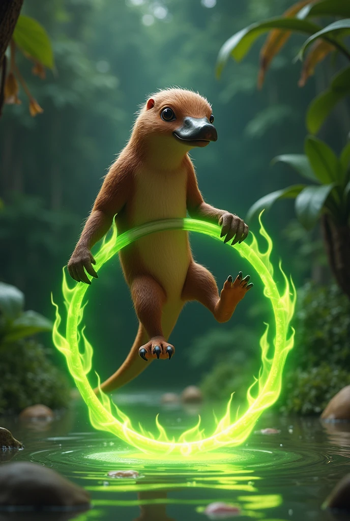 platypus jumping a green fire hoop