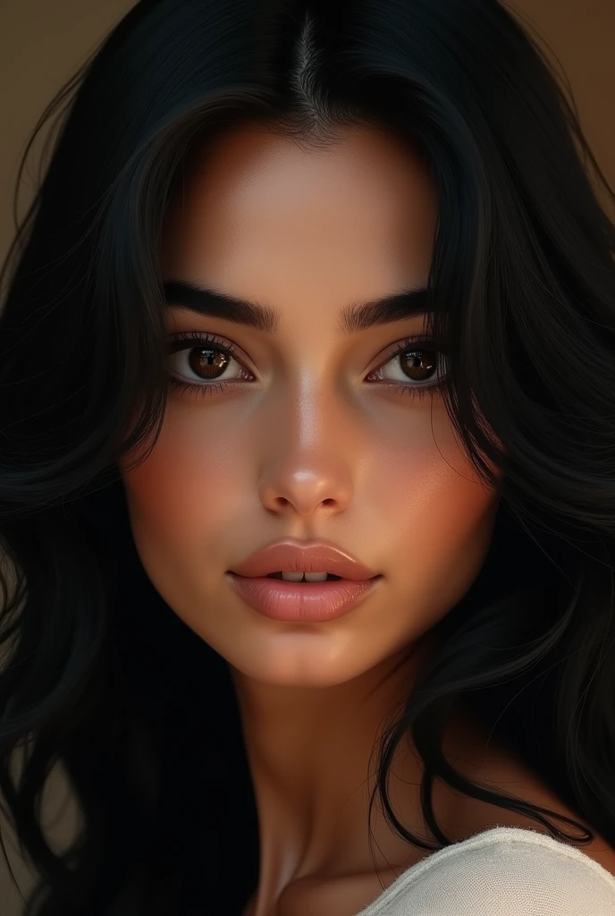 Woman with black wavy hair , of arabic beauty , large, expressive black eyes, long nose, small mouth, round face black eyes