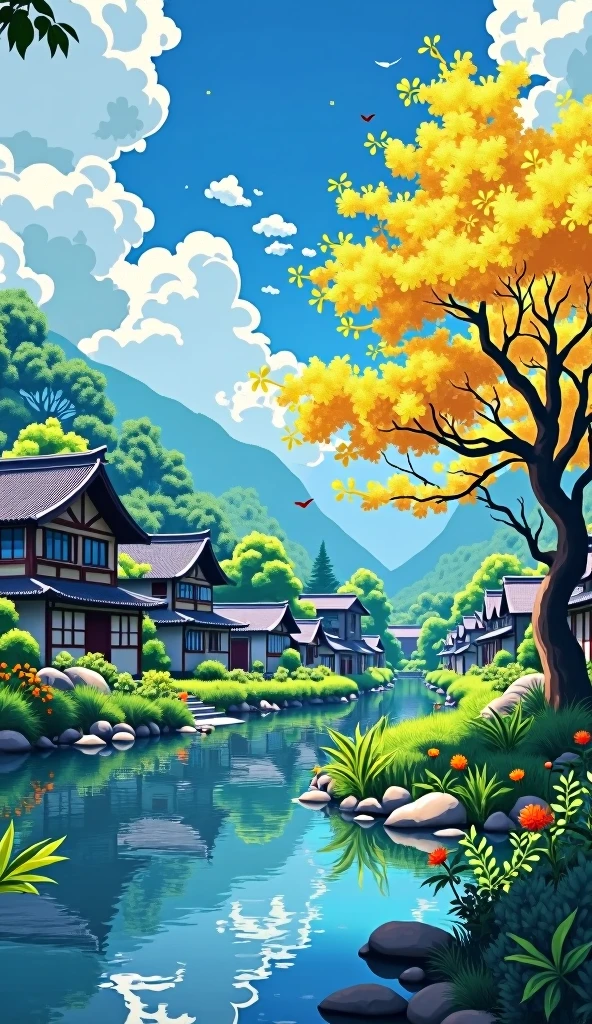 ((traditional japan houses near river with a big yellow flower tree: 1.3)) , ((camera facing the front of the houses:1.2)), ((next to a river: 1.2)), detailed anime artwork, urban, japan anime scene, ((bright blue sky: 1.0)), extra detailed, very detailed, japanese village , plants, birds, anime style, anime, lofi, lofi vibe, ((best quality:1.5)), ((masterpiece:1.5)), ((highly detailed:1.3)), ((anime aesthetic:1.2)), ((no one: 1.2)), ((no people: 1.2))