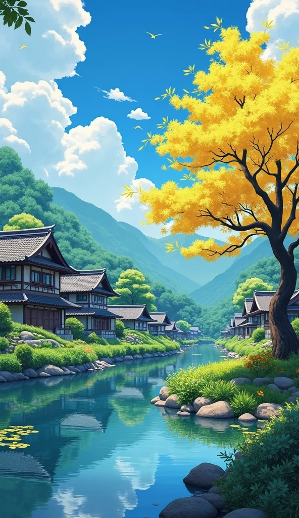 ((traditional japan houses near river with a big yellow flower tree: 1.3)) , ((camera facing the front of the houses:1.2)), ((next to a river: 1.2)), detailed anime artwork, urban, japan anime scene, ((bright blue sky: 1.0)), extra detailed, very detailed, japanese village , plants, birds, anime style, anime, lofi, lofi vibe, ((best quality:1.5)), ((masterpiece:1.5)), ((highly detailed:1.3)), ((anime aesthetic:1.2)), ((no one: 1.2)), ((no people: 1.2))